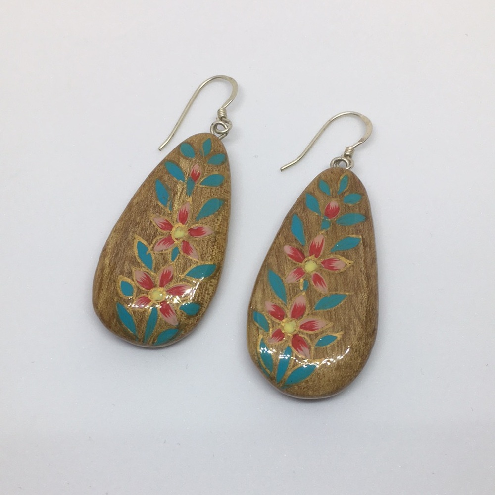 Hand Painted Walnut Wood Sterling Silver Teardrop Earrings Turquoise Pink Floral - Picture 8 of 8